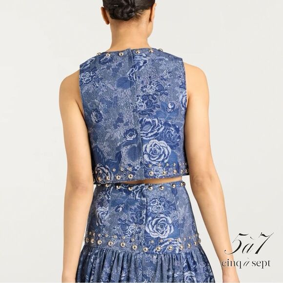 Cinq à Sept **NWT** Maia Studded Crop Top in Indigo Blue Floral - Picture 4 of 9